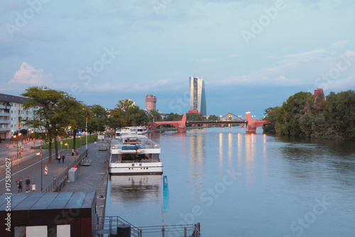 Embankment, mooring, river and bridge. Frankfurt am Main, Germany