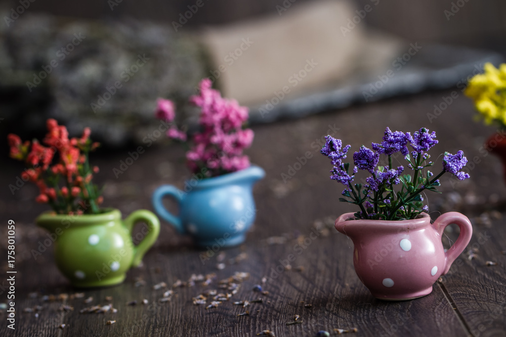 Artificial Little Yellow, Purple and Red Flowers in Little Flowerpots