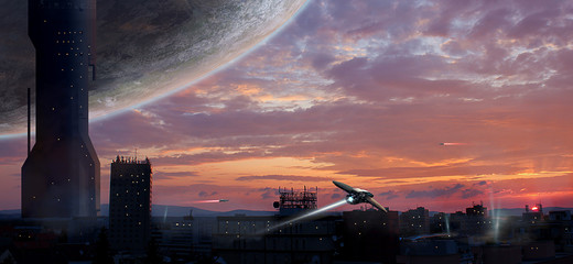Fotobehang Aquarelschilderij wolkenkrabber  Futuristische stad met planeet en ruimteschepen  © Space Creator
