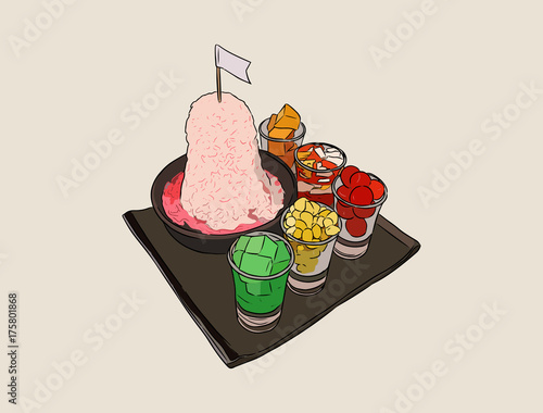 Red Shave Ice with Sala Flavor and condensed milk set . hand draw vector.
