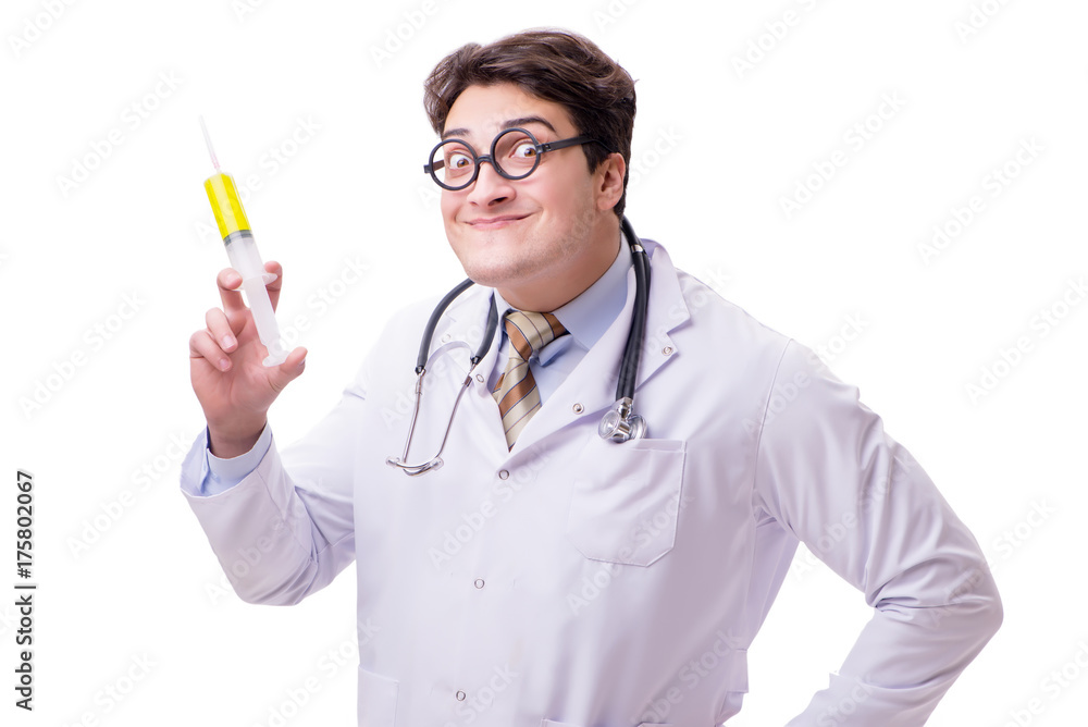 Funny doctor with syringe isolated on white Funny doctor with syringe isolated on white