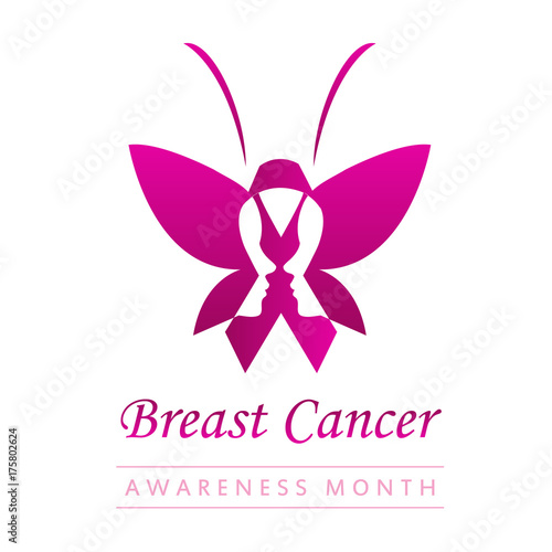 Pink ribbon with faces of women and butterfly to symbolize breast cancer awareness month October