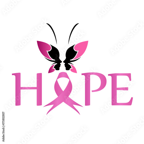 Pink ribbon with HOPE and faces of women forming butterfly to symbolize breast cancer awareness