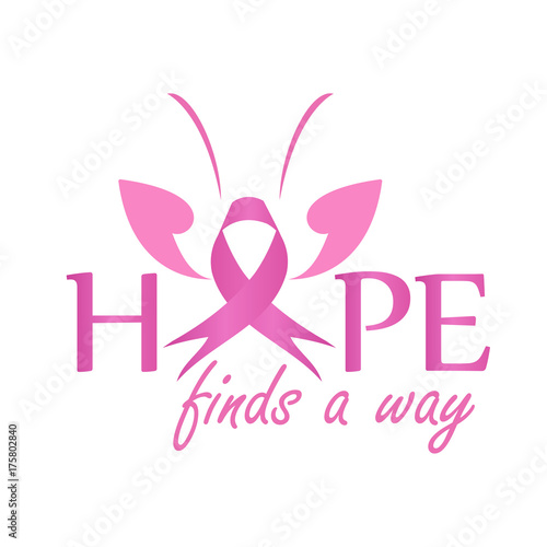 Hope finds a way- Pink ribbon with butterfly to symbolize breast cancer awareness. Poster to empower women suffering from breast cancer