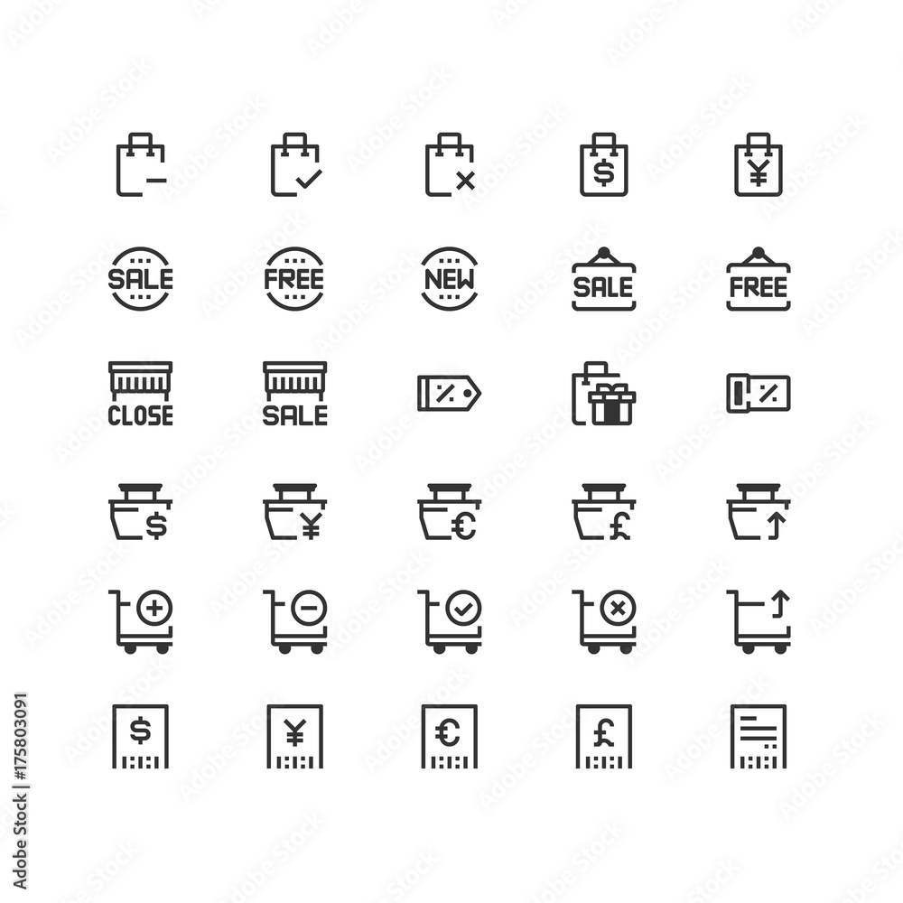 Minimal icon set of Shopping Vector Line Icons Collection , good choice to use for website project , Ui and Ux design, mobile app and more. All vector icons based on 32px grid.