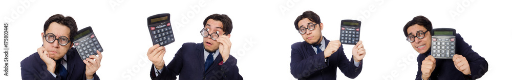 Funny man with calculator isolated on white Funny man with calculator isolated on white