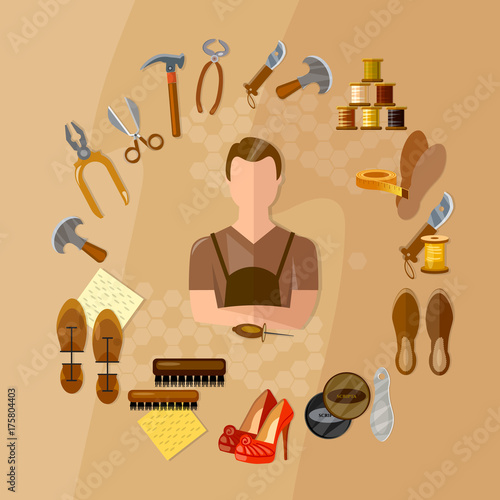 Shoemaker concept professional equipment cobbler shoe repair shoe care shoemaker in the workplace vector illustration