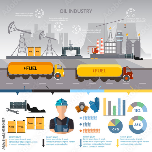 Oil industry infographics vector, extraction and processing products transportation of oil oilman works