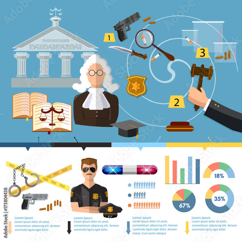 Justice system infographics. Law infographics set with court and judical system elements vector illustration. Courthouse, crime and punishment