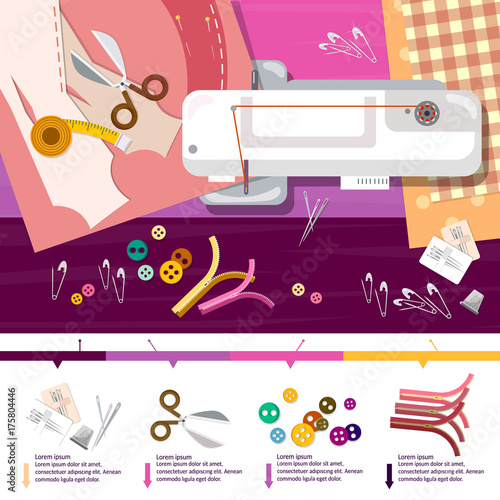 Seamstress work on sewing machine infographic elements top view professional tailoring manufacture of wearing apparel vector