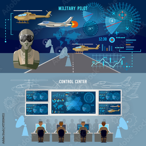 Modern military center banner. Radar screen with planes air force pilot. Modern army technology. Military plane, helicopter