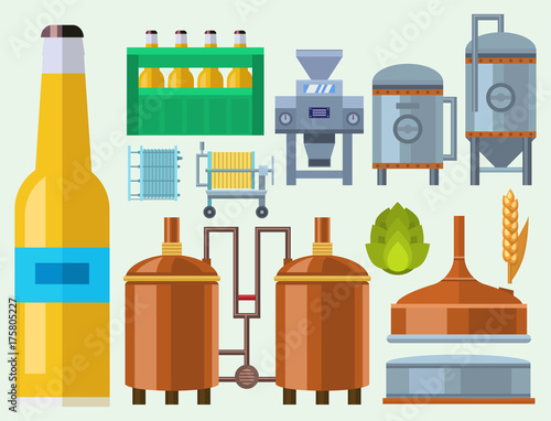 Beer brewing process alcohol factory production equipment mashing boiling cooling fermentation vector illustration.