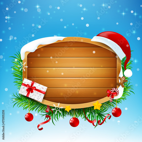 Blank wooden sign with Santa red hat and winter snow falling and star light vector illustration eps 10
