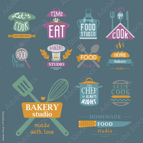 Cooking badge motivation text vector illustration bakery shop food typography labels design elements