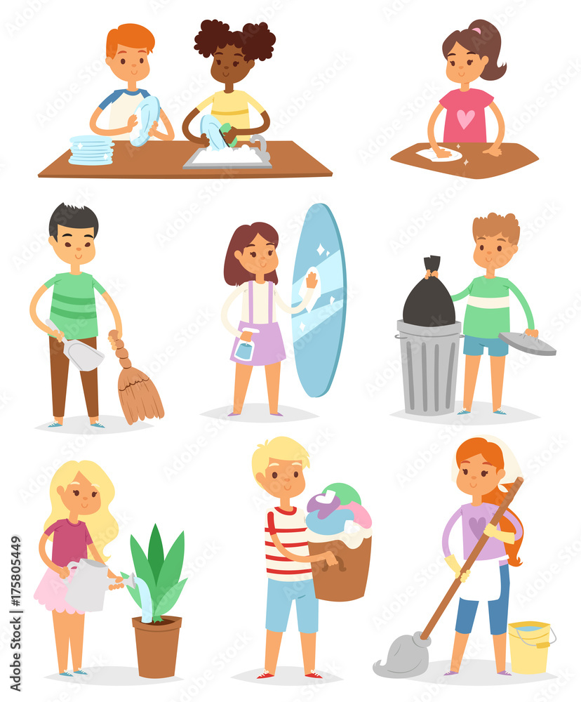 Kids cleaning rooms and helping their mums housework cartoon characters  clean up vector illustration colorful set with Stock Vector | Adobe Stock