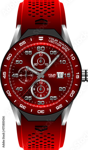 Red steel watch chronograph on white background vector illustration.