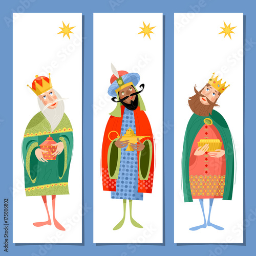 Set of 3 universal Christmas greeting cards  and bookmarks with three biblical Kings: Caspar, Melchior and Balthazar. Three wise men. Template. 
