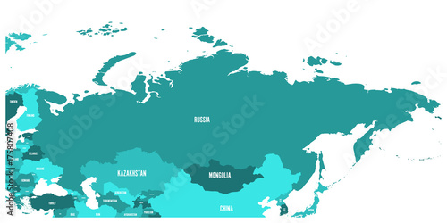 Political map of Russia and surrounding European and Asian countries. Four shades of turquoise blue map with white labels on white background. Vector illustration.