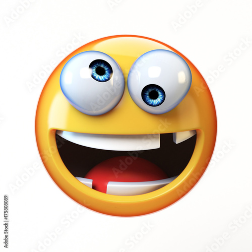 Crazy emoji isolated on white background, silly face emoticon 3d rendering