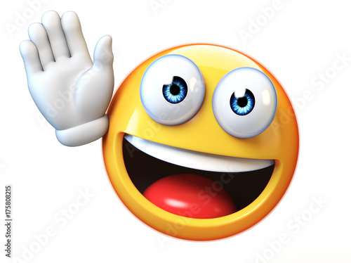 Emoji waving with one hand isolated on white background, good bye emoticon 3d rendering