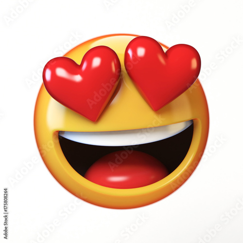 Falling in love emoji isolated on white background, heart shaped eyes emoticon tongue 3d rendering