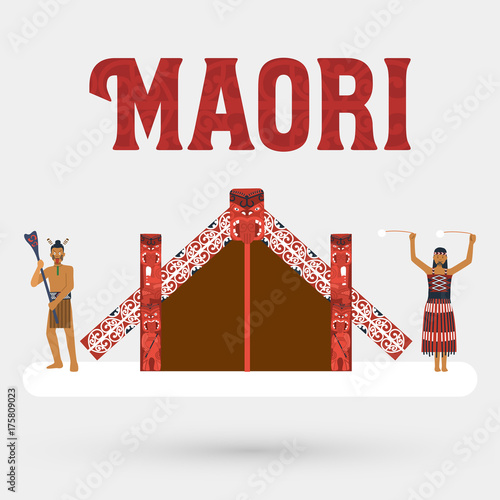 Flat design, Illustration of Maori people and Maori meeting house, Vector