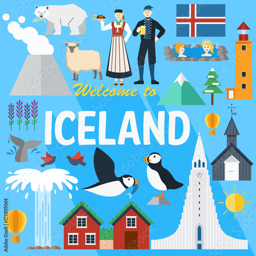 Plakat Płaska konstrukcja, Islandia punktów orientacyjnych i ikony, ilustracji wektorowych