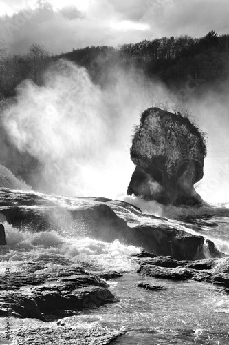 Rhinefall, the biggest waterfall in the winter mist rising round the center rock (black and white version)  © Yü Lan