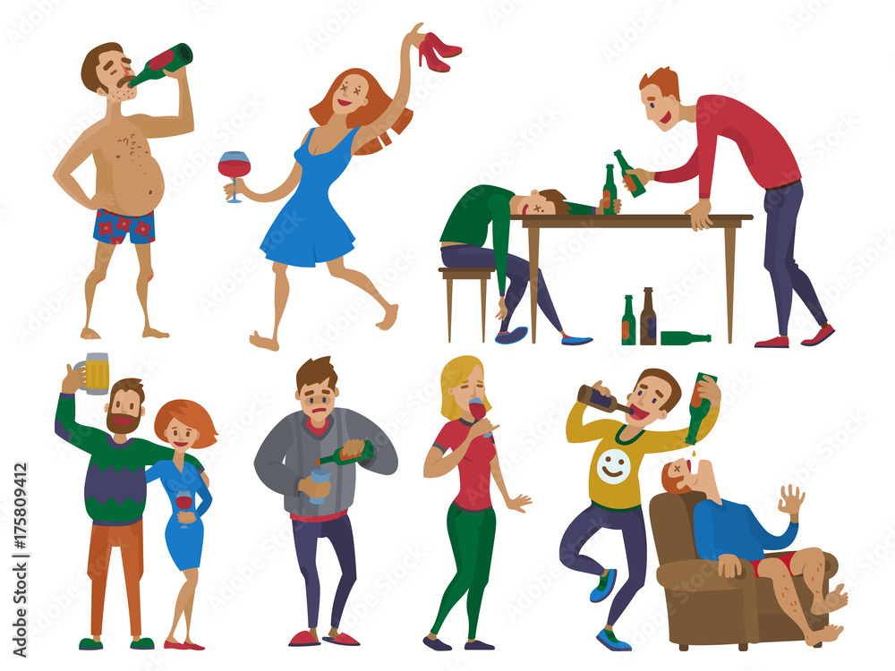 Drunk cartoon people alcoholic man and woman alcoholism drunken tipsy characters person vector illustration. Drunk cartoon people alcoholic man and woman alcoholism drunken tipsy characters person vector illustration.