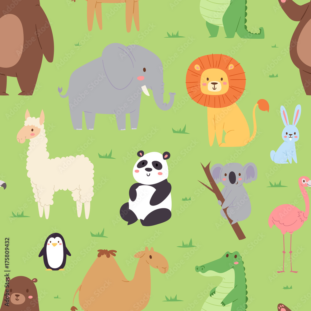 Cartoon animals wildlife wallpaper zoo wild characters background for kids illustration vector seamless pattern with c