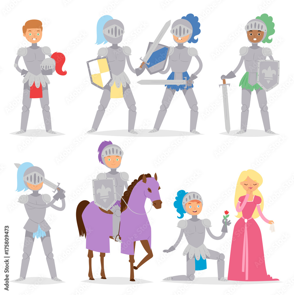 Knight cartoon hero character with horse and princess armor warrior people brave medieval costume soldier vector illustration. Knight cartoon hero character with horse and princess armor warrior people brave medieval costume soldier vector illustration.