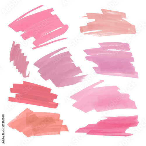 Collection of various Smears nude lipstick on white background. Vector marker label
