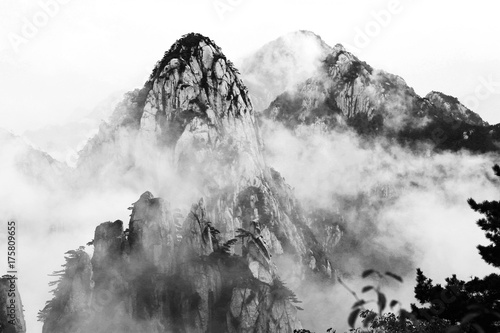 Morning mist in the Haungshan National Park, China (Black and White version) photo