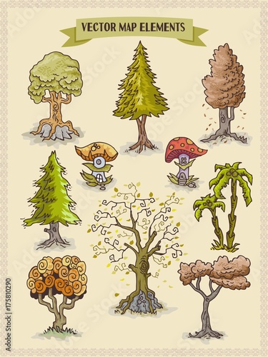 Vector map elements, colorful, hand draw - trees and vegetation design stock elements