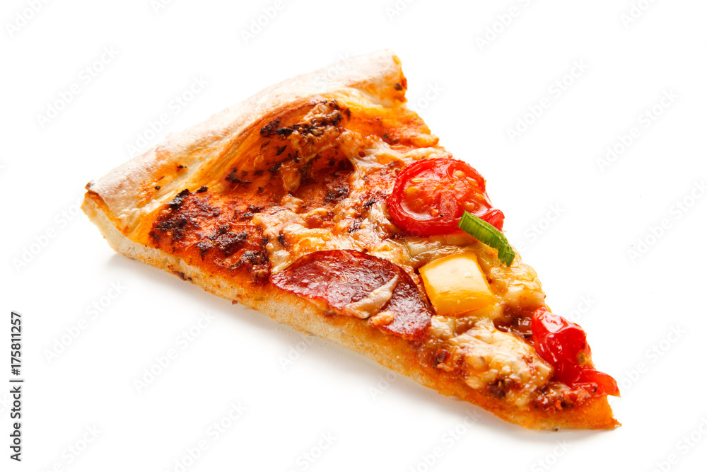 Piece of pizza pepperoni with tomatoes, mushrooms and pepper Piece of pizza pepperoni with tomatoes, mushrooms and pepper