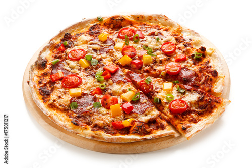 Pizza pepperoni with tomatoes, mushrooms and pepper