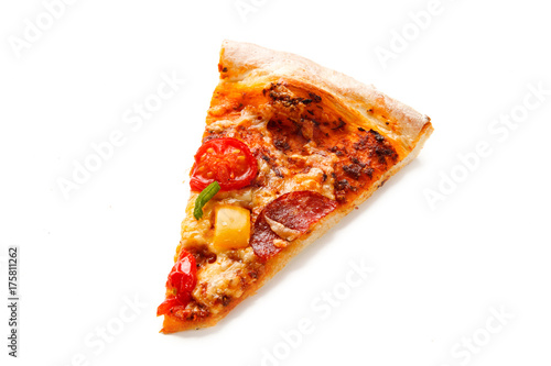 Piece of pizza pepperoni with tomatoes, mushrooms and pepper