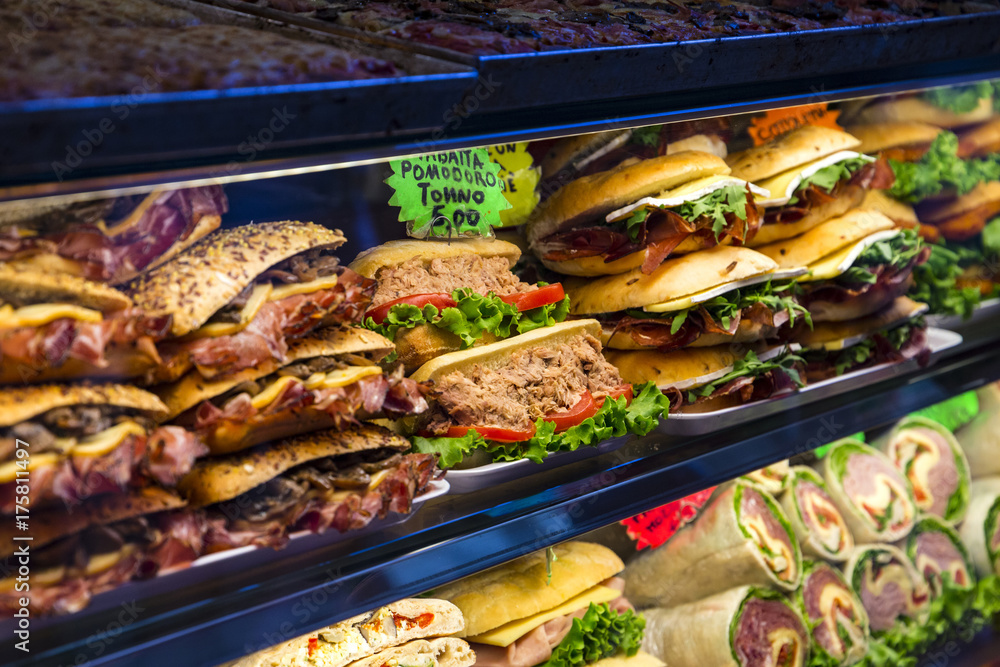 Obraz premium Different types of delicious street food and snacks in Venice, Italy
