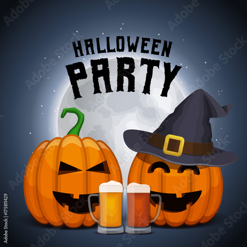 Drunk pumpkins with beer mugs. Halloween party poster. Shining moon background.
Vector All Saints' Eve card.