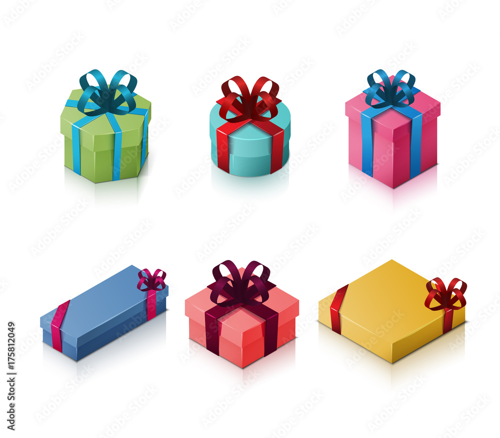 Set of gift boxes with bows and ribbons. Isometric illustration Set of gift boxes with bows and ribbons. Isometric illustration