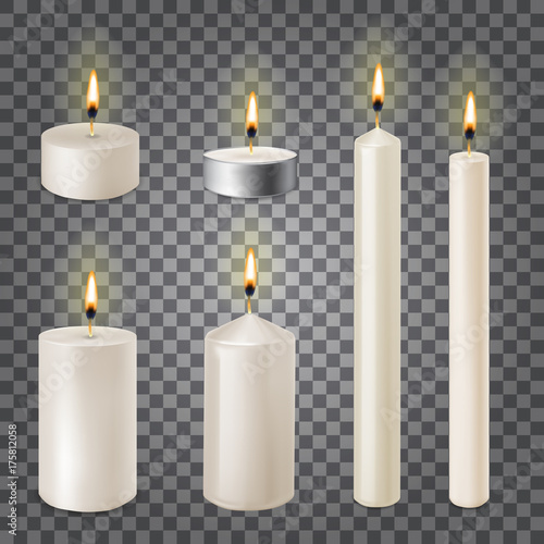 3d set realistic paraffin candles isolated on transparent background. Vector illustration

