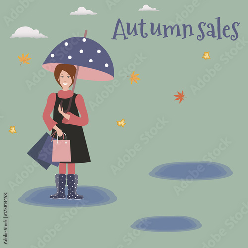 Pretty scenery in a rustic style. A woman in rain boots with polka dots. A cute umbrella. Green background. Caption `Autumn sales`. Puddles. Yellow leaves. White clouds. Vector illustration 