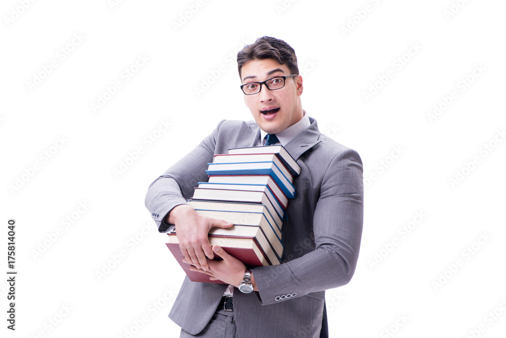 Businessman student carrying holding pile of books isolated on w Businessman student carrying holding pile of books isolated on w
