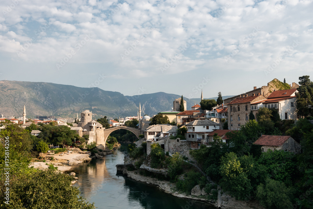 The Old Bridge on  river Neretva, Mostar, Bosnia and Herzegovina.
