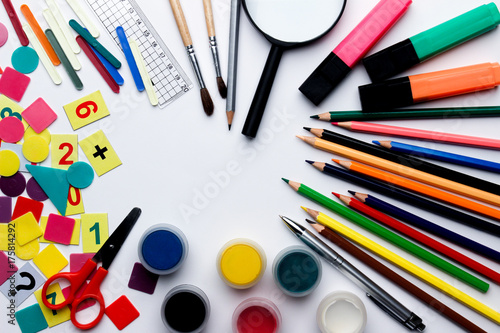 School and office supplies on a white background.
