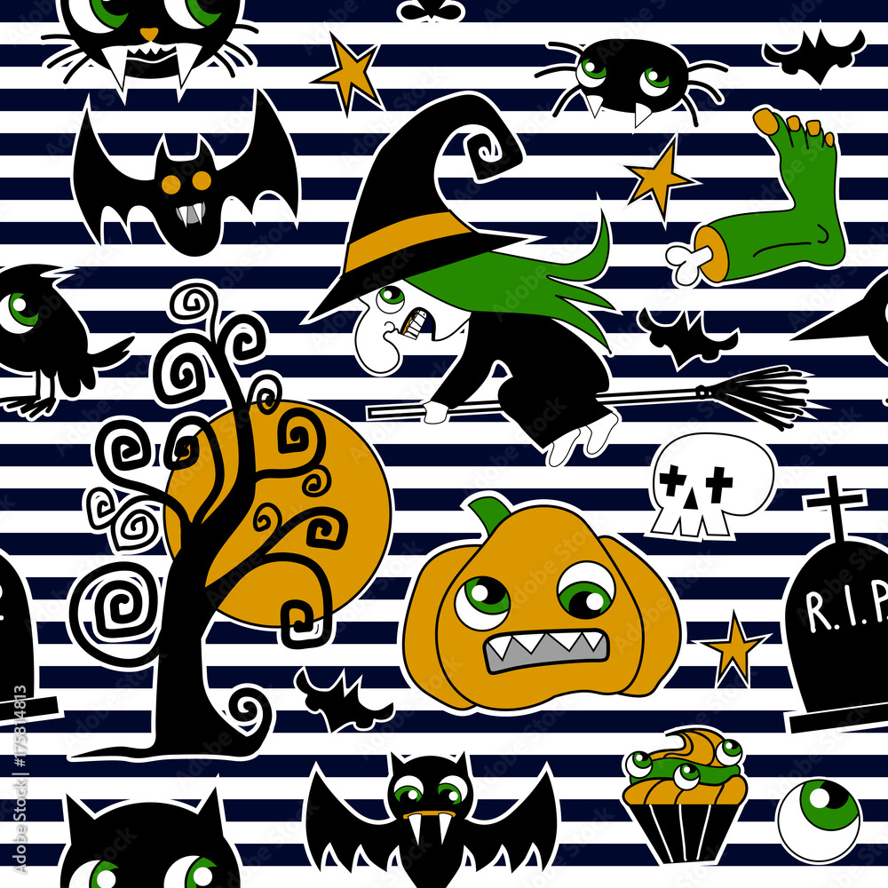 Pattern of halloween element patches: pumpkin, Skull, Spider, Slime, Cat, Bat, Bone .