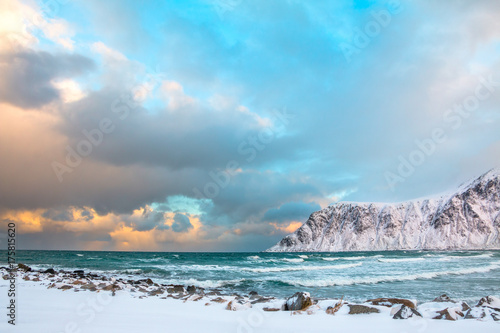Winter Norway. Morning and Sea Surf