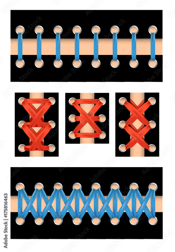 Isolated lacing set with different styles and colors for print. Vector illustration. Isolated lacing set with different styles and colors for print. Vector illustration.