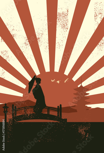 Silhouette of geisha standing on the bridge at sunset
