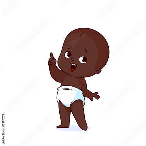 Very cute little baby in a white diaper with a finger up.